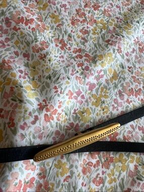 Pure Tea Delicate Chinese Black Leather waist Belt with Gold nature inspired Bar